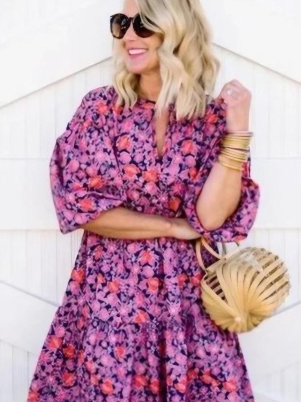 Sundry Pink Floral Puff-Sleeve Mini Dress